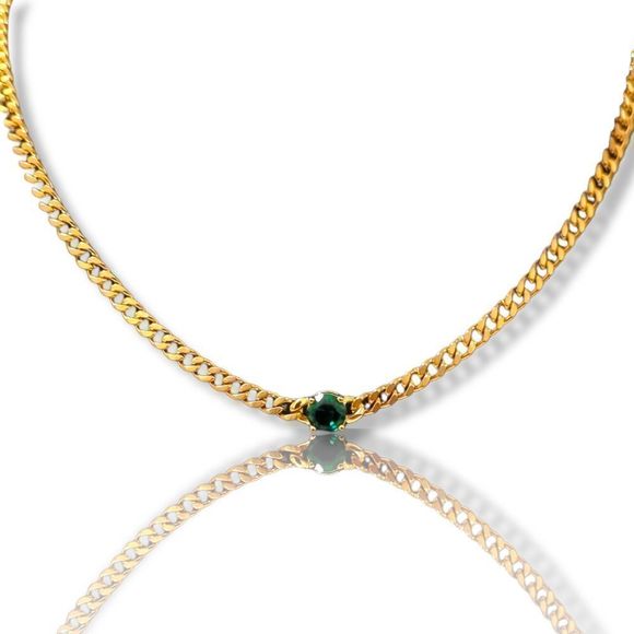 24" x 3mm 14K Gold Finish Green Stone Cuban Chain Over Stainless Steel. - Picture 4 of 11